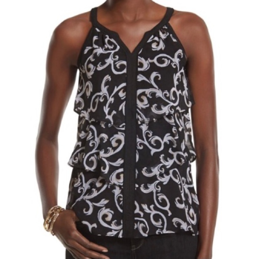 White House Black Market Black Scroll Tiered Top